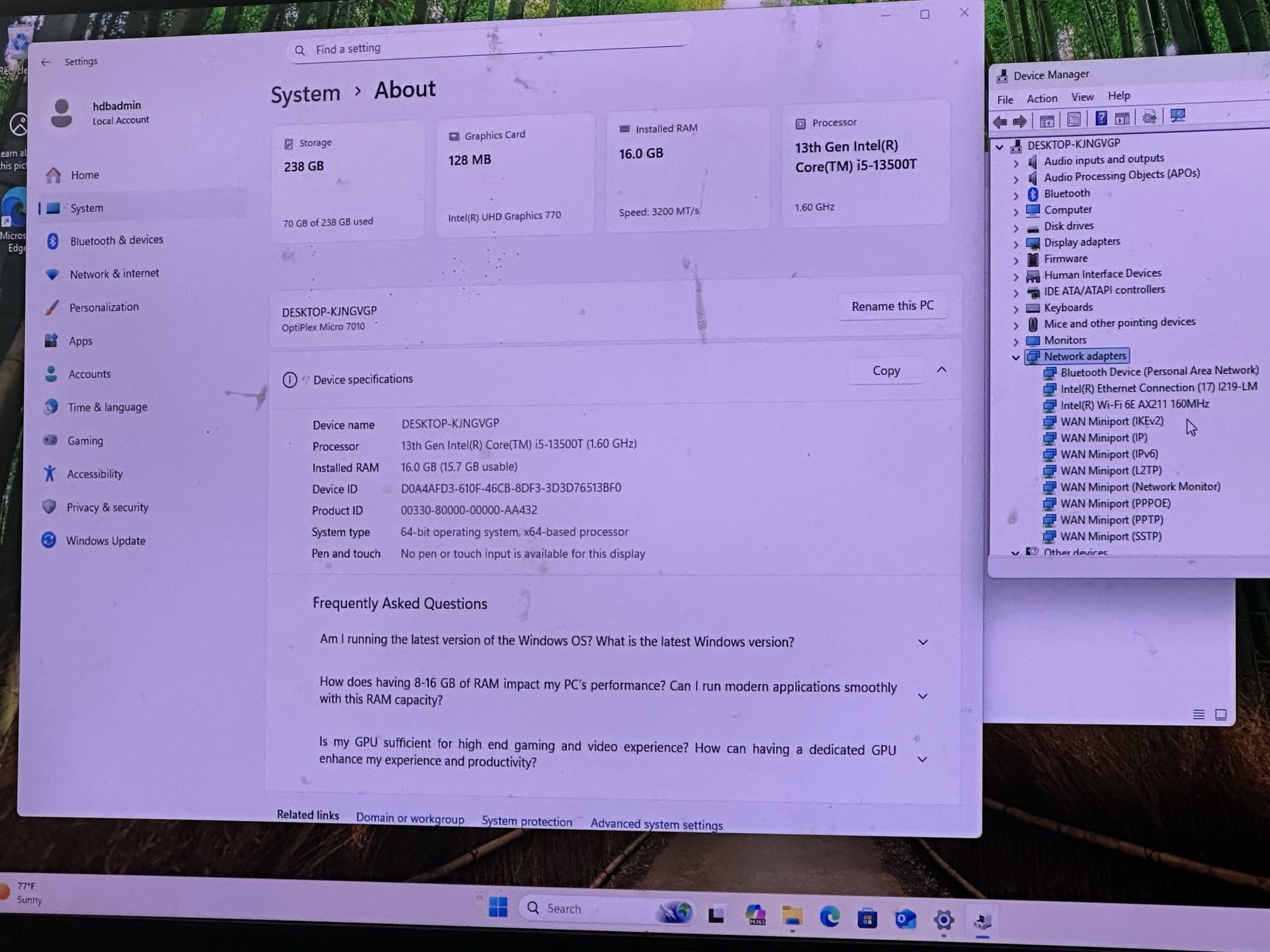 Dell Optiplex 7010 Micro, I5-13500, 16 GB DDR4, 240 GB SSD