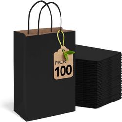 Black Gift Bags 5.25x3.75x8 Inch Small Kraft Paper Bags with Handles Bulk,100 Pack for Small Business,Wedding Party Favor