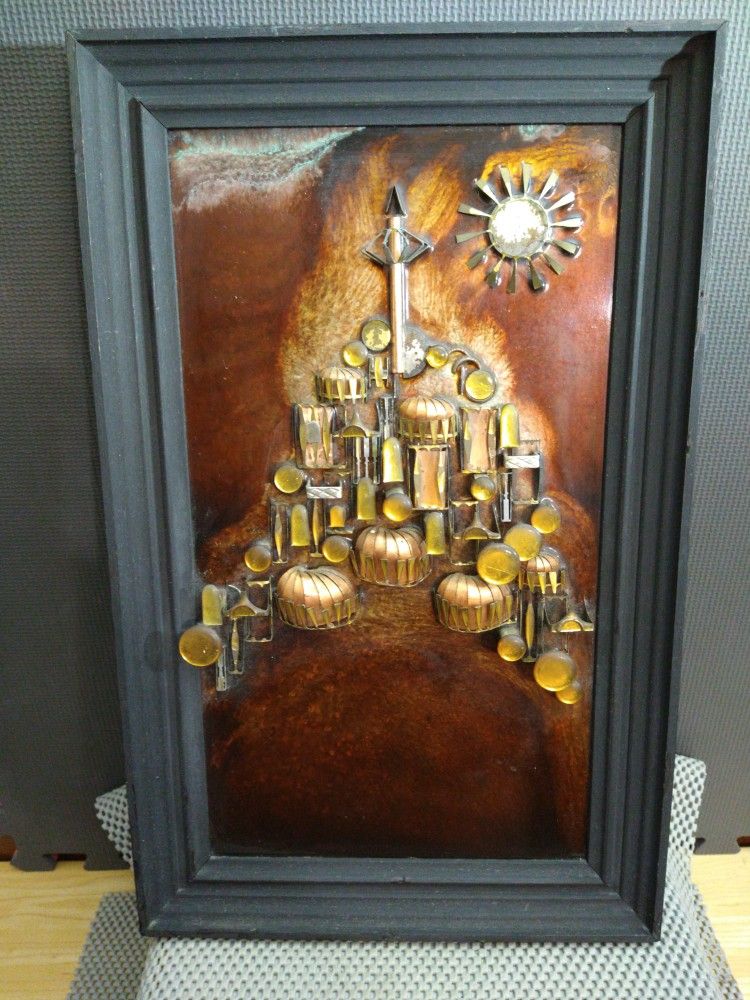 Mid Century Judaica Raised Brass Enamel Art Framed Judaism Israel Jerusalem