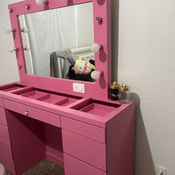  Extra Large Pink Vanity w/ Lights & Storage 