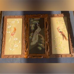 Set of 3 Mexican Feather Art Mid-Century carved wooden frames.
