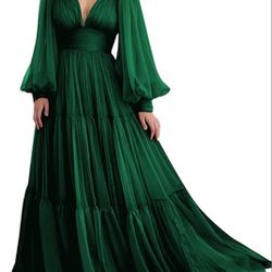 

SIZE XL, Women's Puff Sleeve Tulle Long Prom Dresses 
