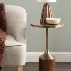 Kate and Laurel Whelan 14 in. Walnut Brown/Gold Round Metal End Table