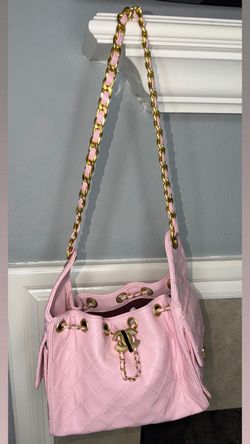 Pink Quilted Bucket Bag with Gold Chain Strap