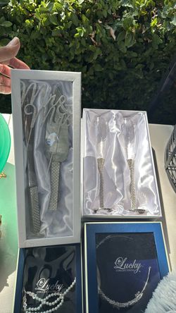 Mr & Mrs Cake Knife and Champagne Flutes Set Lot