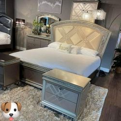 CRİSTAL LED UPHOLSTERED BEDROOM SET QUEEN or KING BED DRESSER NIGHTSTAND and MİRROR 