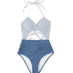 Beautiful One Piece Blue Striped Swimsuit Size L