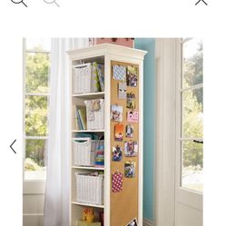 Pottery Barn Rotatingf Bookcase with Mirror and shelves…white PB baskets included