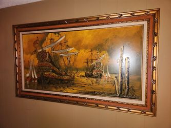 70s Vintage Framed Oil Painting of Tall Ships at Sea