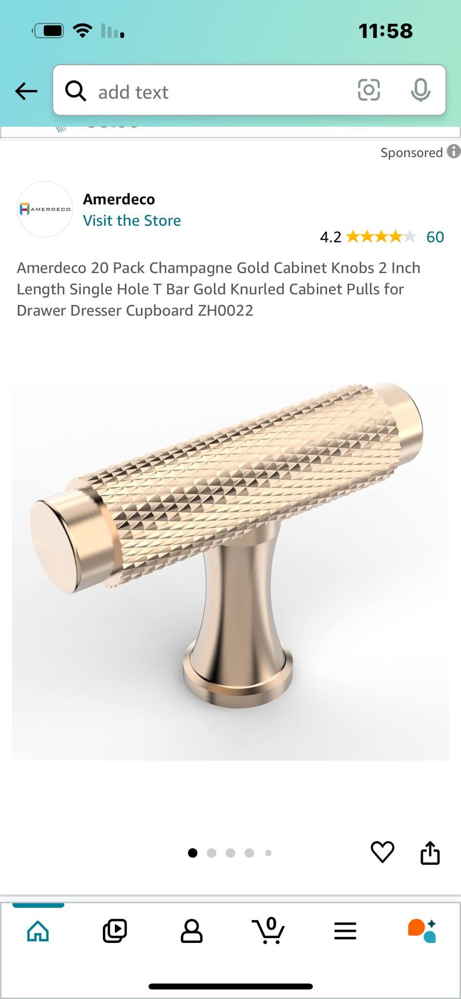Amerdeco 20 Pack Champagne Gold Cabinet Knobs 2 Inch Length Single Hole T Bar Gold Knurled Cabinet Pulls for Drawer Dresser Cupboard ZH0022