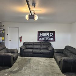Dark Grey Leather Sofa, Love Seat And Lounge Chair 