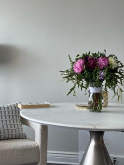 West Elm Silhouette Pedestal Dining Table, Round White Marble, Brushed Nickel