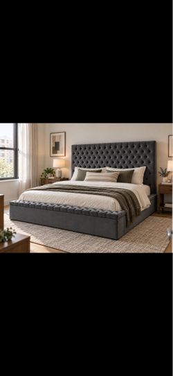 King Size Gray Velvet Tufted Platform Bed Frame