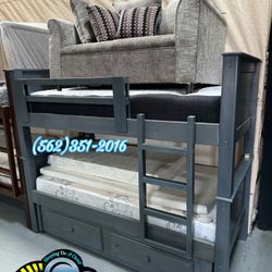 Triple Grey Bunk Bed Twin Size With Trundle Mattresses Included 