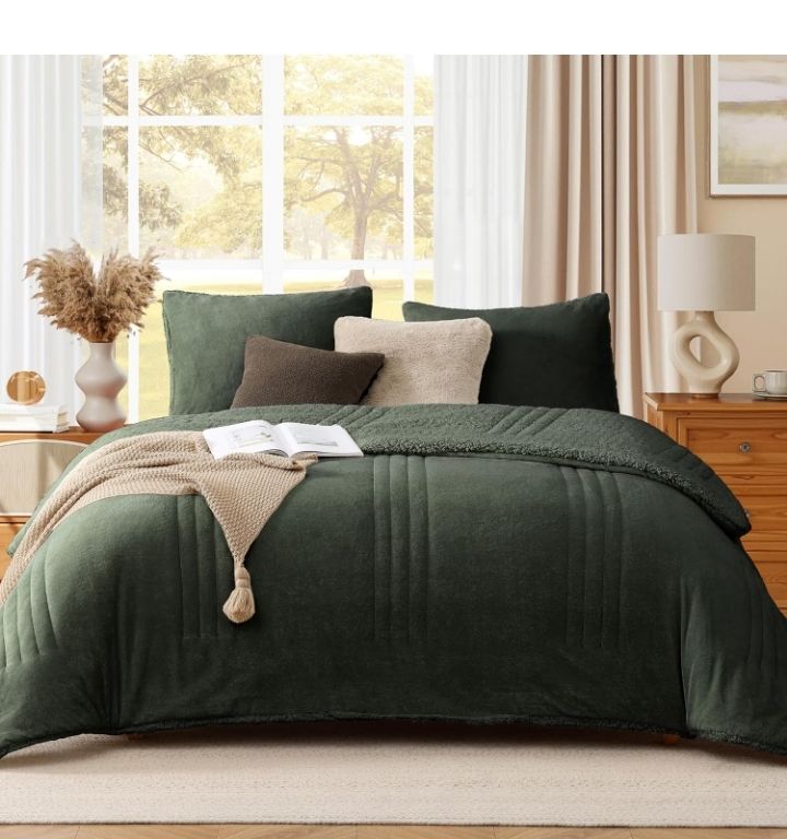 Monbix Fluffy Full Comforter Set Deep Forest, Sherpa Plush Fuzzy Comforter 3 Piece for Full Size Bed, Luxury Soft Winter Warm Bedding Set