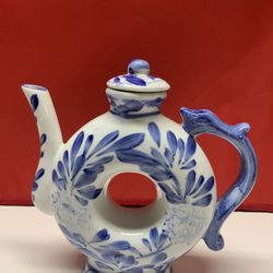 Vintage Chinese Teapot Blue & White Porcelain Doughnut