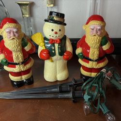 Lot Of 3  Plastic Blow Mold Santa/Snowman Yard Lawn Stakes Walkway Path Lights
