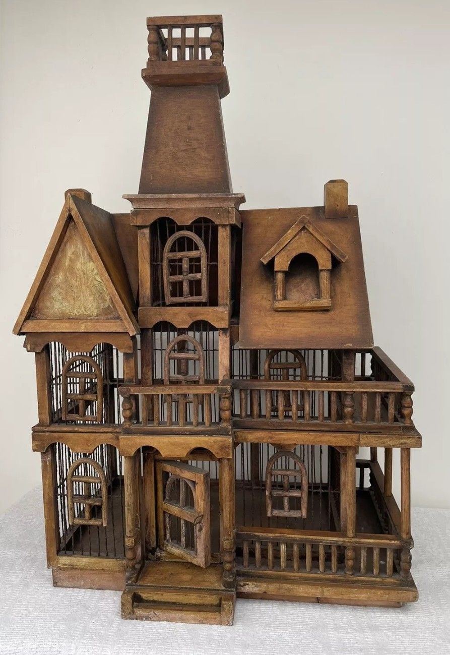 Vintage Bird Cage French Iron And Wooden Frame Large Architectural Cage