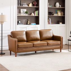 80" Faux Leather Sofa, 3 Seater Couch, Mid Century Modern Couch with Solid Wood Frame for Living Room & Bedroom, Brown