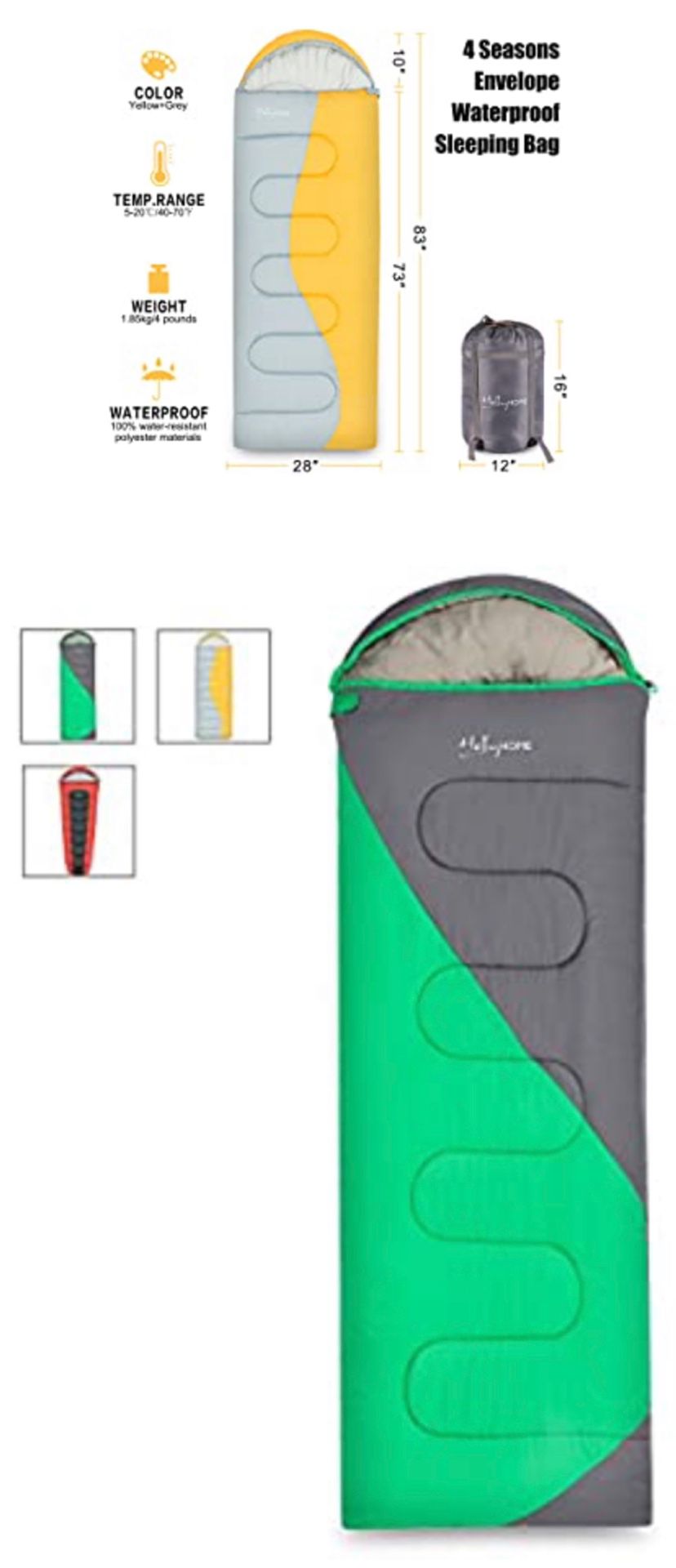4 Seasons Envelope Sleeping Bag for Camping/Hiking/Backpacking, Easy to Compress and Water-Resistant