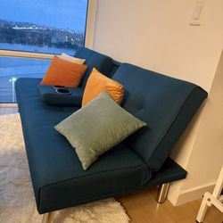 Renwick Convertible Futon Sofa Bed W/ Chrome Metal Legs & 2 Cup Holders, Aqua Blue