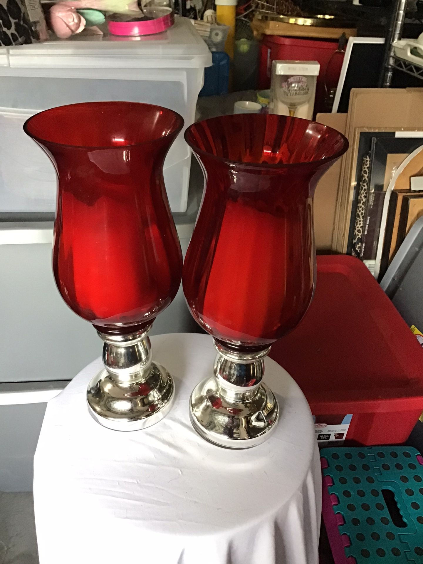 Red Glass Silver Base Candle Holders.   13 Inches