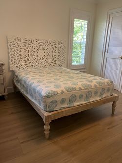 Wood Bed Frame with Carved Headboard