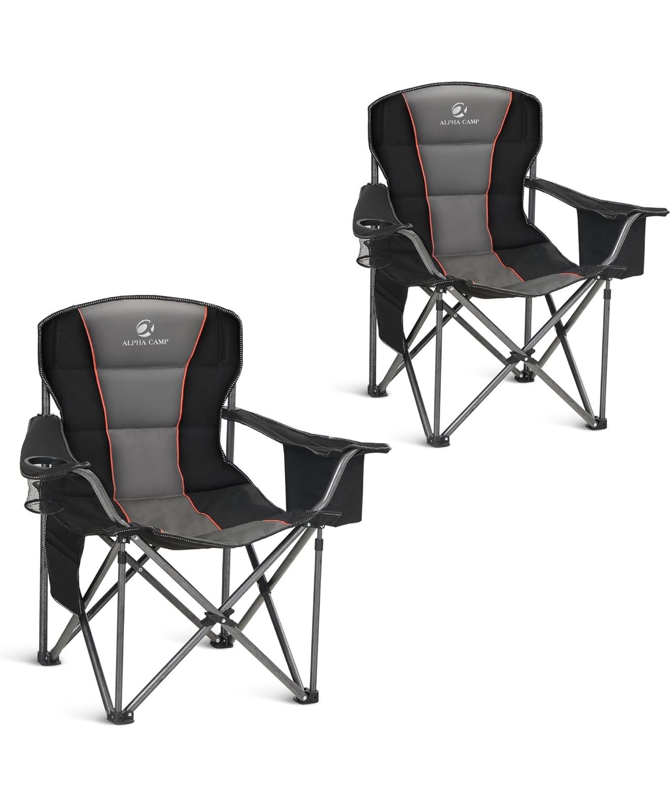 ALPHA CAMP Oversized Camping Folding Chair, Heavy Duty Support 450 LBS Steel Frame Collapsible Padded Arm Chair with Cup Holder Quad Lumbar Back, Port