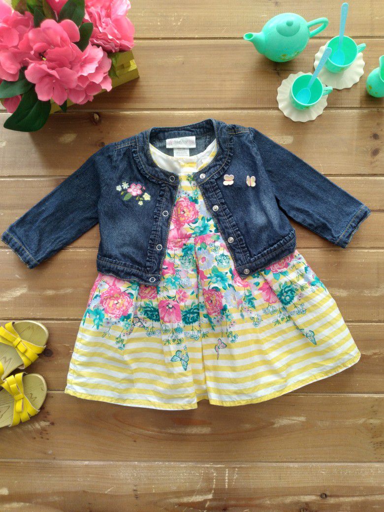 12MOS 2-PIECE SET YELLOW & WHITE STRIPED MULITICOLOR FLORAL DRESS  W/EMBROIDERED DENIM JACKET