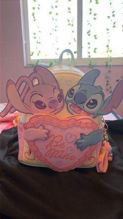 pastel-colored Loungefly Disney Lilo and Stitch Be Mine Mini Backpack (+1 pink and blue silicone Stitch keychain)