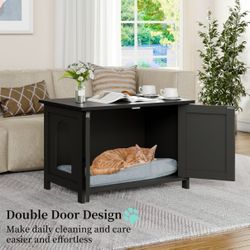 New Black Cat Litter Box Furniture Hidden Barn Door Cabinet