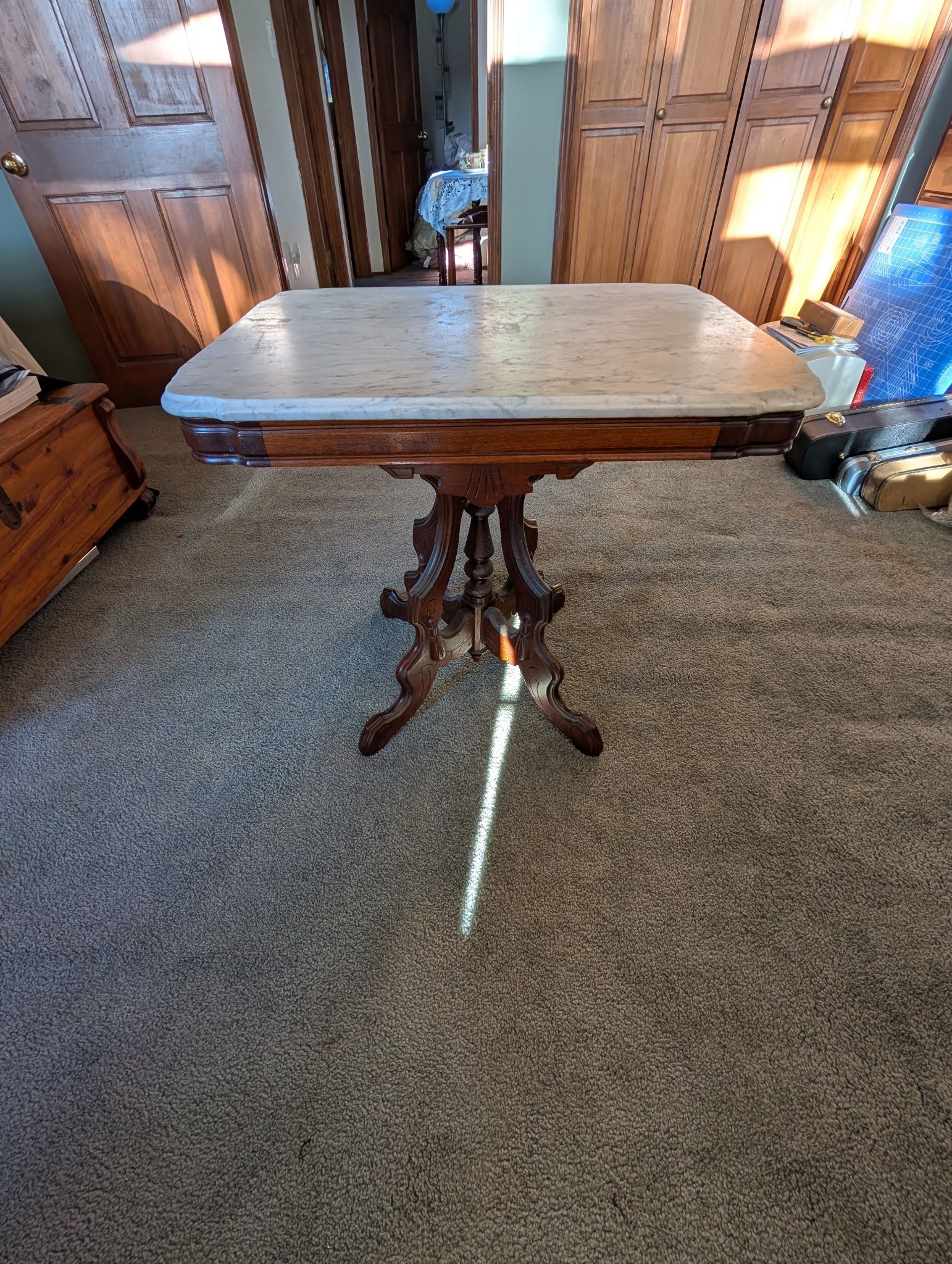 Marble top wooden dinette table. OBO
