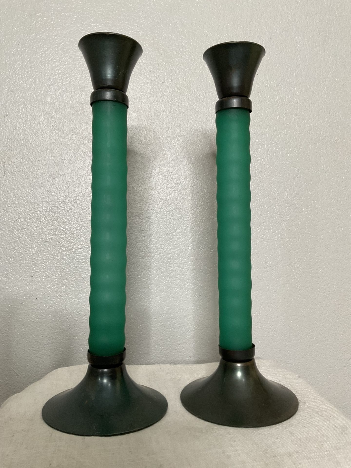Vintage MCM RETRO Pair Green Glass Candle Holders MCM