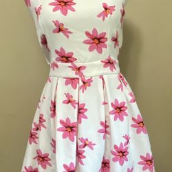 CALS WHITE PINK DAISY DRESS Fit & Flare Sleeveless Open Back Zip Party Juniors S