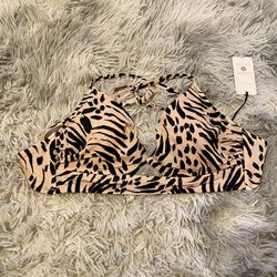 Shade & Shore Women’s Longline Cut Out Bikini Top Size 36B Beige Animal Print