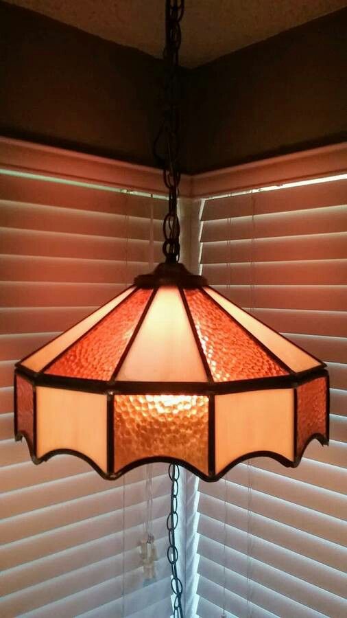 Mid Century Vintage Slag and Leaded-Glass Hanging Swag Lamp

