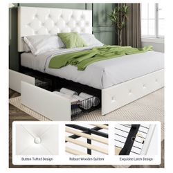 Queen Size Platform Bed Frame with 4 Storage Drawers and Headboard