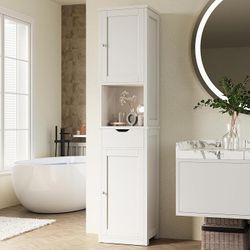 64”Tall Bathroom Storage Cabinet, Slim Corner Floor Cabinet with Doors and Drawer, Freestanding Narrow Bathroom Organizer with Adjustable Shelves for 