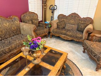 Brown fabric Couches with wood trimming Brown fabric Couches with wood trimming