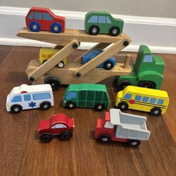 Wooden Toy Car Carrier With Extra Service Vehicles