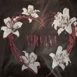 Nirvana Satin style Windbreaker Black Jacket Kurt Cobain Heart Grunge Rock men’s size large 