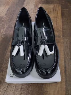 Nine West Women's Black Patent Leather Tassel Loafer Flats Almond Toe 11M