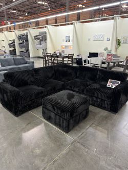 BLACK FLUFFY CORDUROY SECTIONAL SOFA COUCH WITH OTTOMAN