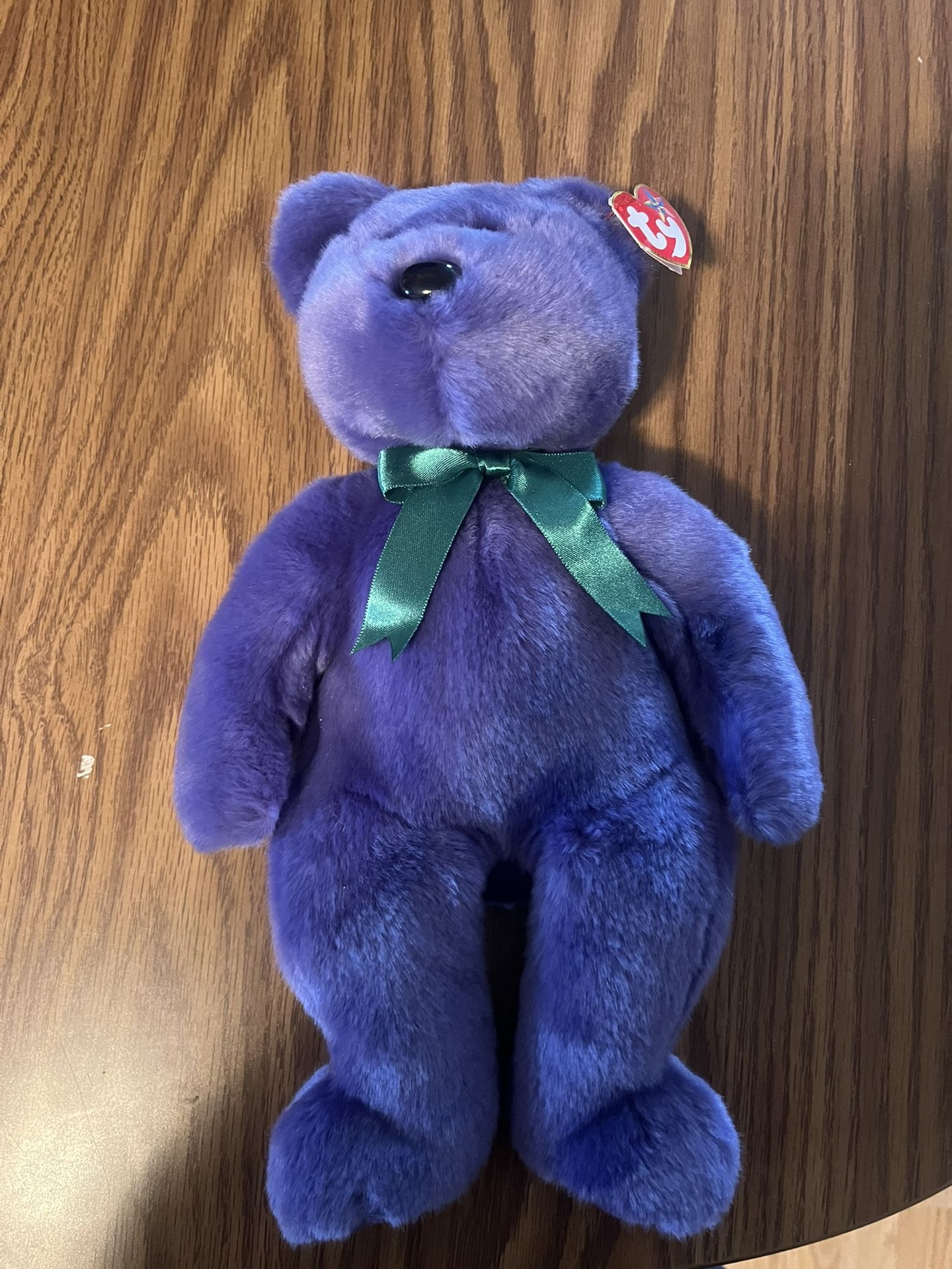 TY Beanie Baby 2000 Large Purple Employee Bear With Green Ribbon Rare