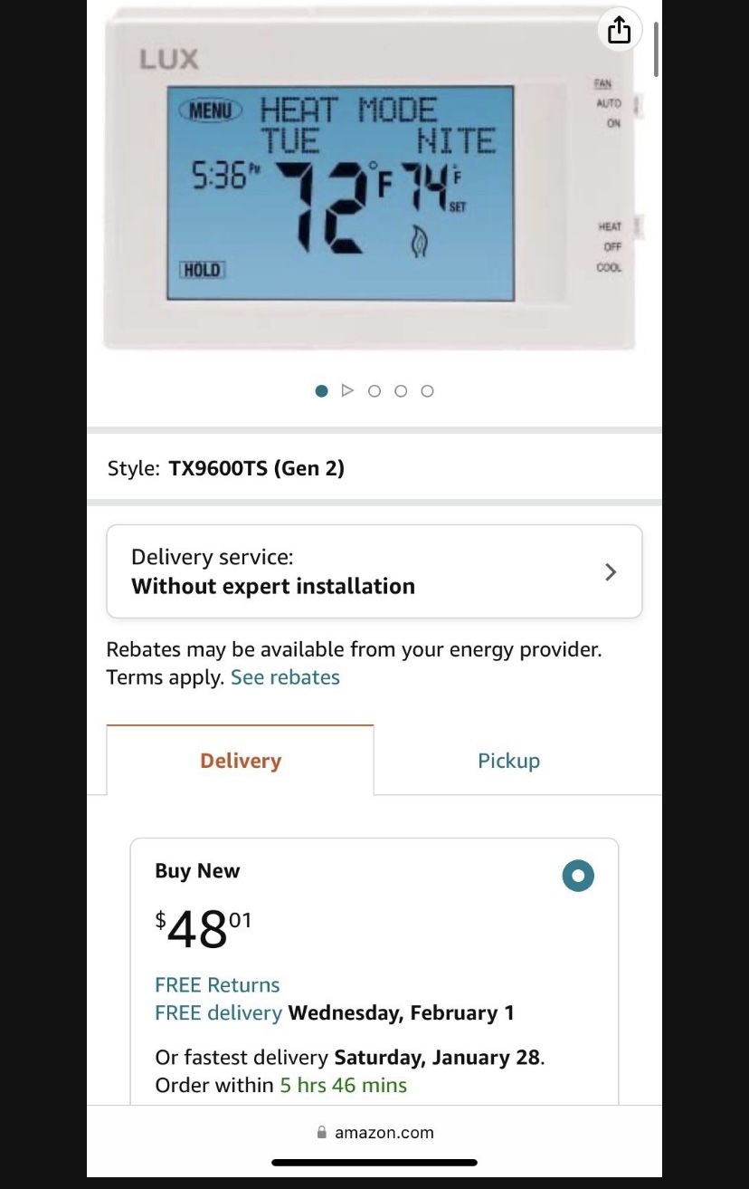 Lux Products TX9600TS Programmable Large Touchscreen Heating Cooling Thermostat, White