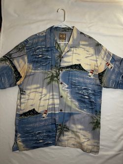 Tommy Bahama Men’s XL Silk Scenic Hawaiian Camp Button-Up Shirt Blue/White