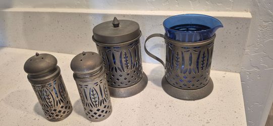 Cobalt and silverplate salt, pepper, sugar, creamer set