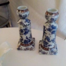 Set Of (2) Vintage Porcelain Candle Stick Holders w/Blue Floral & Gold Etching 