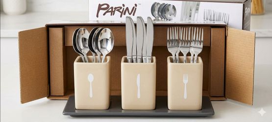 Selling a brand new, unused Parini 18-Piece Flatware and Ceramic Countertop Caddy Set. Great neutral look for a kitchen counter, holiday buffet table,