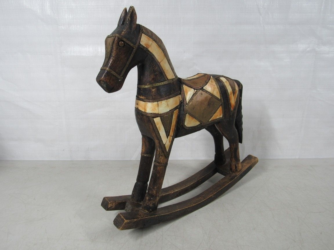 Wooden Rocking Horse Vintage Folk Art Hand Crafted & Brass Accents 13"